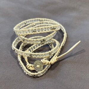 Victoria Emerson Ivory Leather, Clear Crystals, and Silver Ball 5 Wrap Bracelet